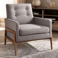 Baxton Studio BBT8042-Grey-CC Perris Mid-Century Modern Grey Fabric Upholstered Walnut Wood Lounge Chair